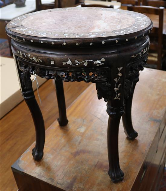 A Chinese marble inset mother of pearl inlaid hardwood occasional table W.46cm H.52cm